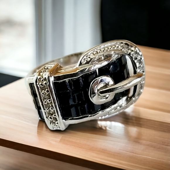 NWT Silver Tone and Black Crystal Rhinestone Belt Buckle Ring SZ 8 - Picture 2 of 16